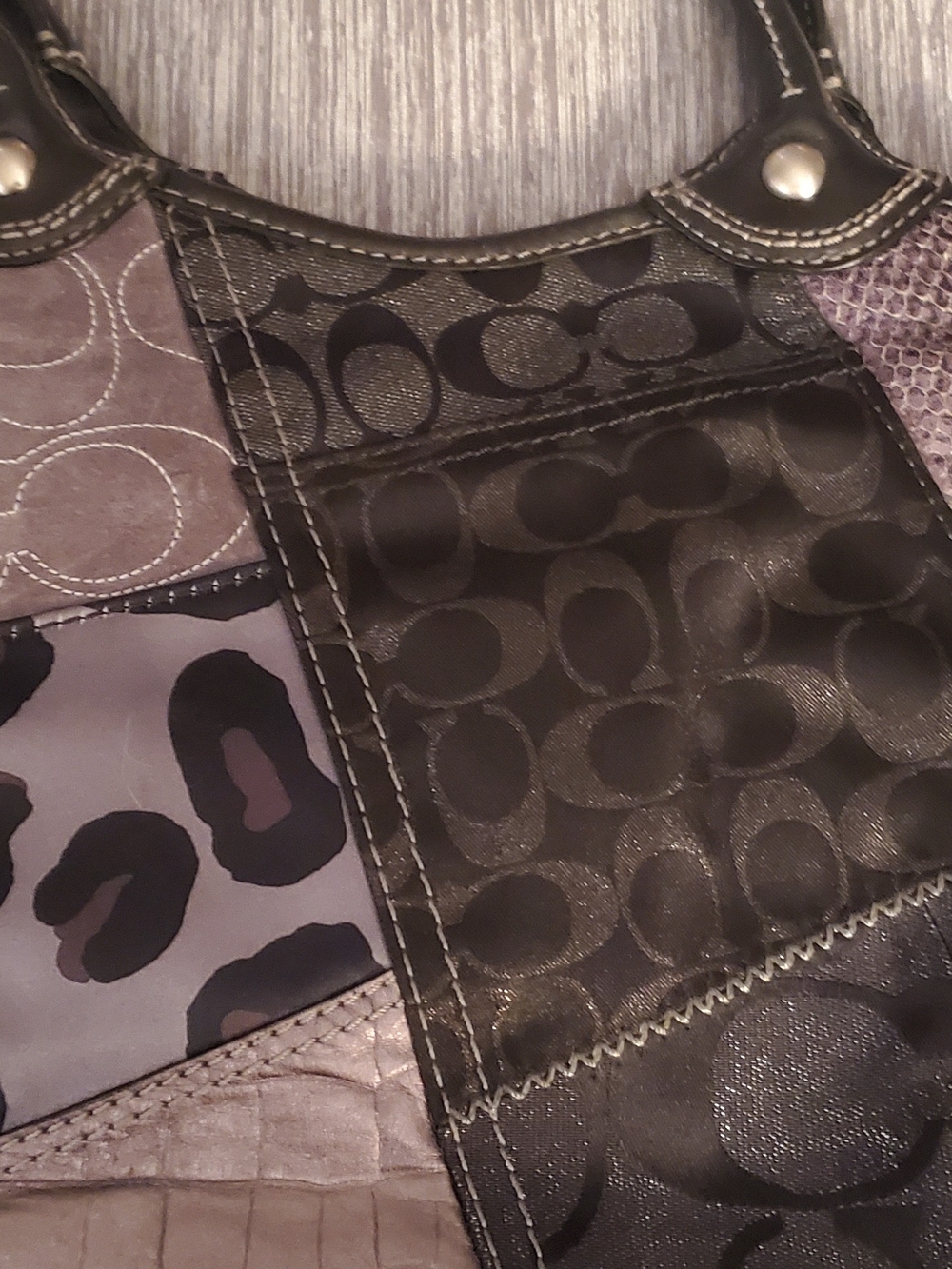 Coach Patchwork Shoulder Bag in Gray, Black and Purple Accents - Picture 2 of 6